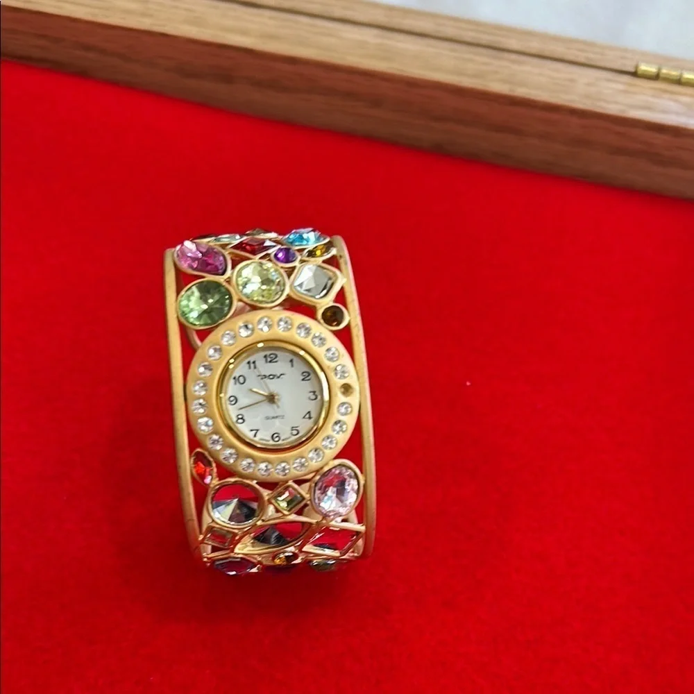 Vintage Estate Elegant Gold and Multicolor Crystal Cuff Watch